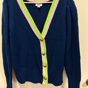 Crown & Ivy Navy Pink Yellow Trim Gold Heart Button Cardigan Sweater Women's L